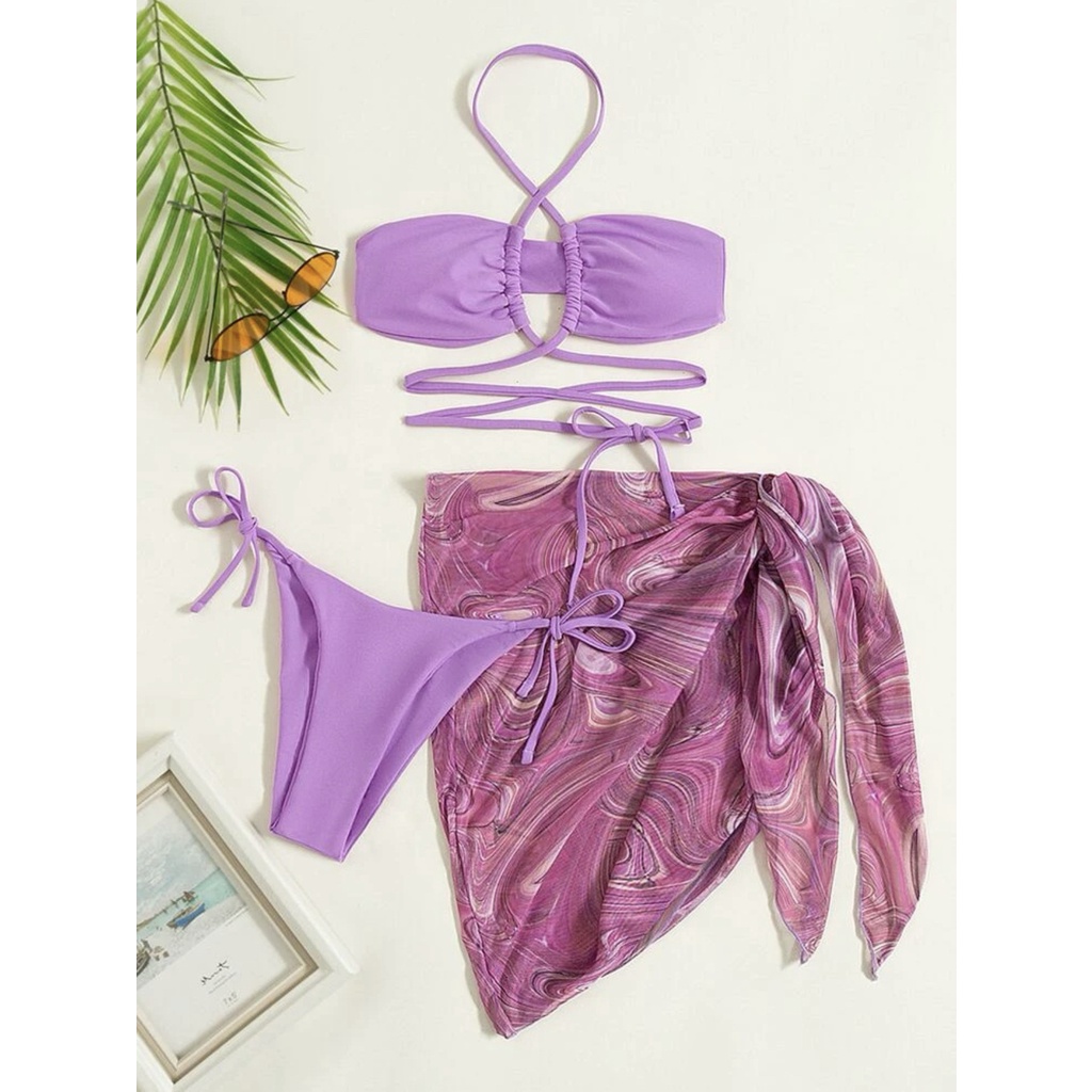 Bộ Đồ Tắm Bikini 3 Món Phối Lưới Co Giãn Hở Lưng Quyến Rũ Cho Nữ H425
