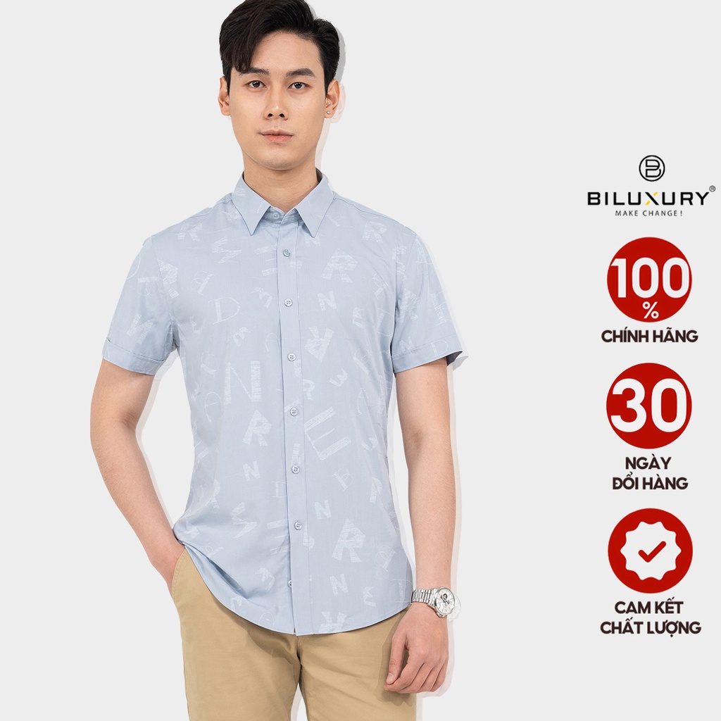 Áo sơ mi nam ngắn tay Biluxury phom chuẩn slimfit co giãn nhẹ thấm hút hoạ tiết chữ trẻ trung 5SMCH003