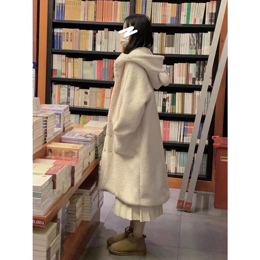 Áo Khoác Lót Lông Cừu Dày Dặn Hình Tai Thỏ Dễ Thương Thời Trang Thu Đông