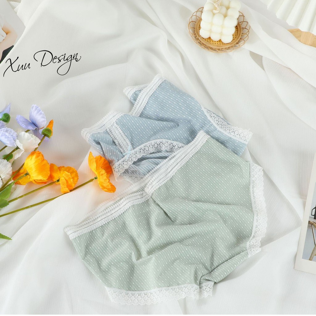 Quần lót nữ cotton họa tiết chấm bi phối ren viền dễ thương Xuu Design QC35