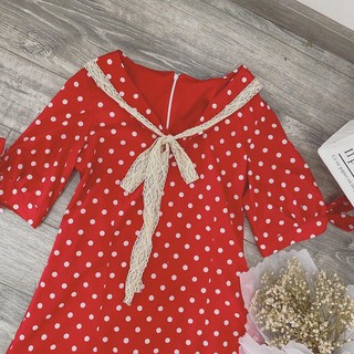 ĐẦM BI ĐỎ REN CỘT NƠ CỔ (có ảnh thật)