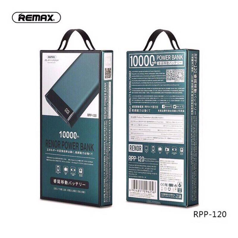 SẠC DỰ PHÒNG REMAX RPP 120 DUNG LƯỢNG 10.000mAh có 2 cổng USB màn hình LCD hiển thị pin