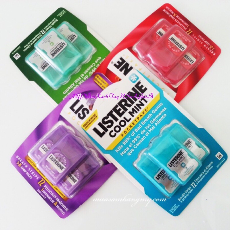 [Hàng Mỹ]Miếng ngậm thơm miệng Listerine Pocketpaks (Vĩ 3 hộp x 24 miếng)