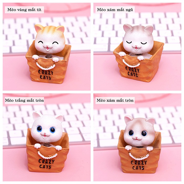Tượng mèo con lắc lư Crazy Cat, mô hình Mèo trang trí để bàn, để ô tô