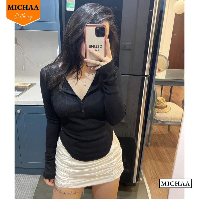 Áo Thun Tay Dài VẠT BẦU CÀI NÚT Nữ Có Túi, Áo Thun Basic Chất Thun Gân Dáng Dài Thời Trang - MICHAA ADD07