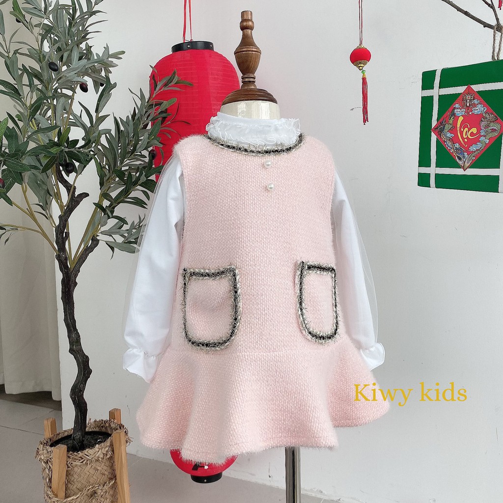 Set váy len lông kèm áo nỉ co dãn KIWY KIDS tiểu thư xinh xắn Kids45 cho bé gái từ 1 đến 7 tuổi