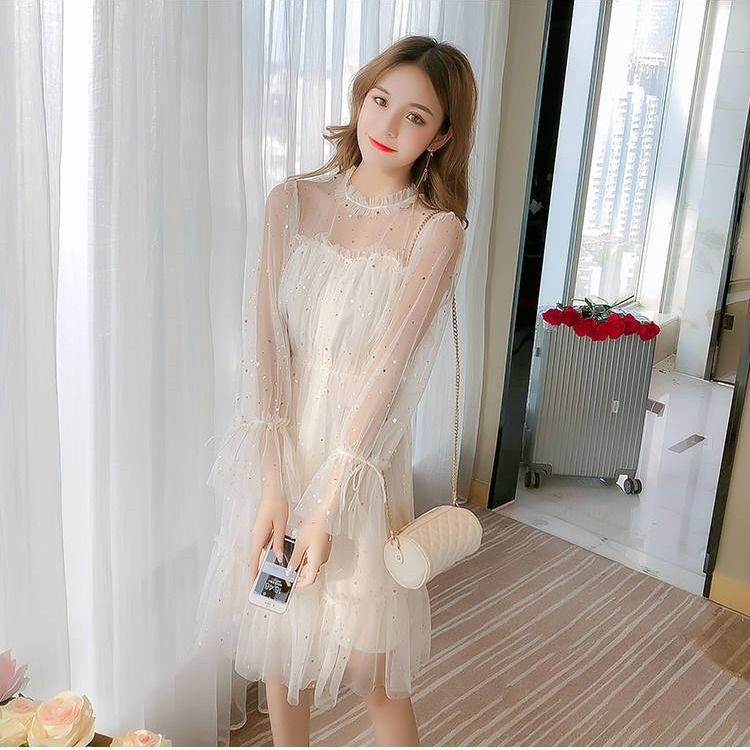 M27 - Đầm Ulzzang dự tiệc cổ tròn viền bèo nhúng dáng xòe thắt dây eo đính kim sa rất sáng