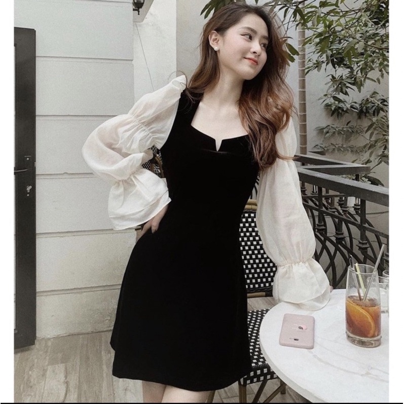 Passs váy nhung cổ V phối tay voan tơ bo chun siêu đẹp