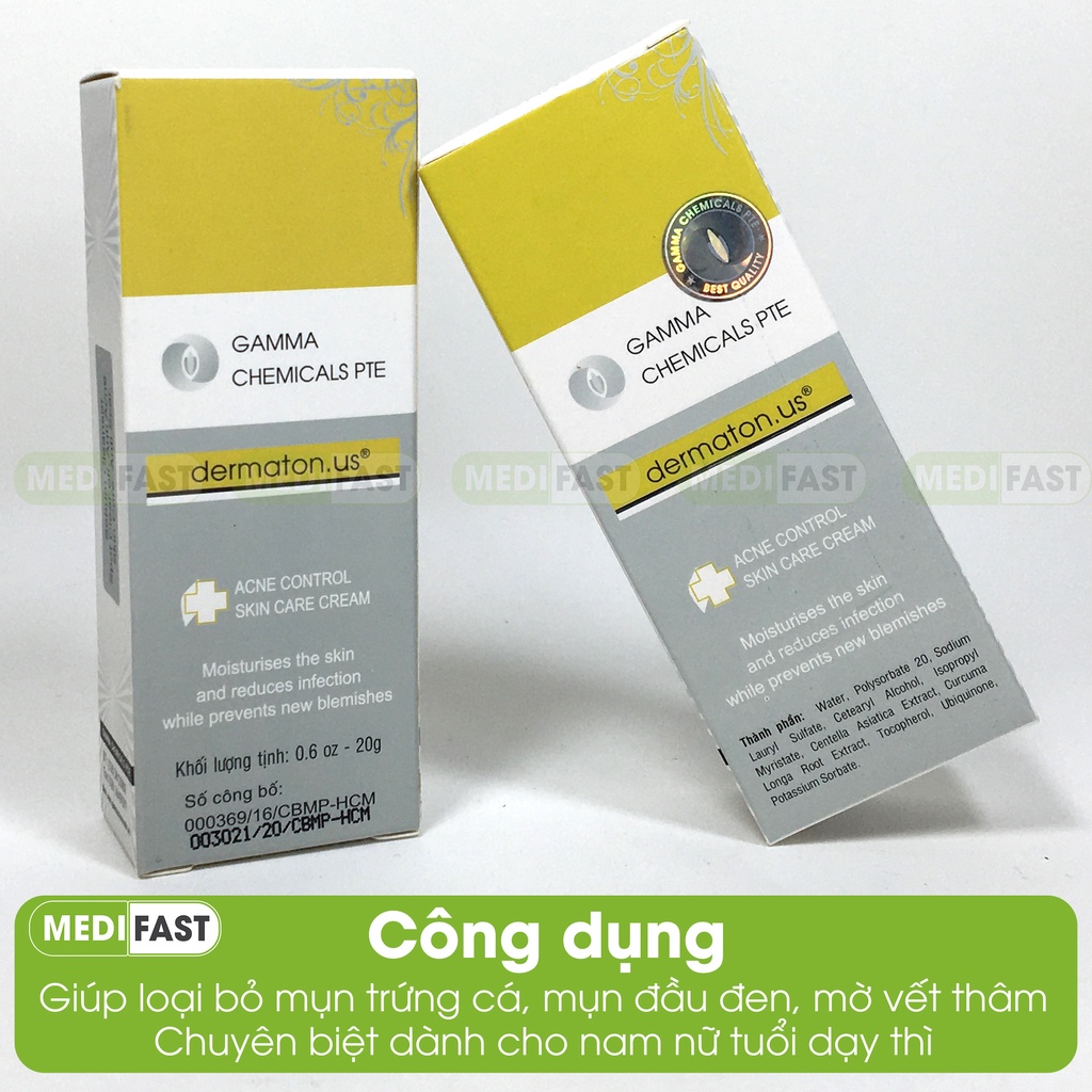 Kem ngừa mụn thâm Dermaton US - Gel mờ sẹo, giảm thâm mụn từ tinh chất nghệ, Vitamin E tuýp 20g
