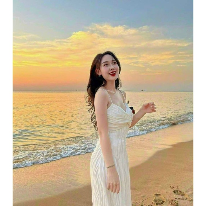 Đầm maxi đi biển 2 dây gợn sóng Sena Dress