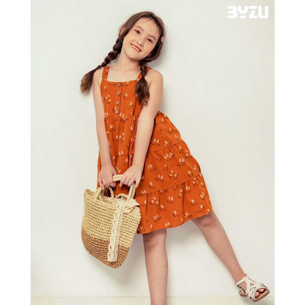 Váy đầm bé gái BYZU, váy hoa nhí màu cam đất, thiết kế 2 dây form dáng suông chất vải cotton, size 2,3,4,5,6,7,8,9 tuổi