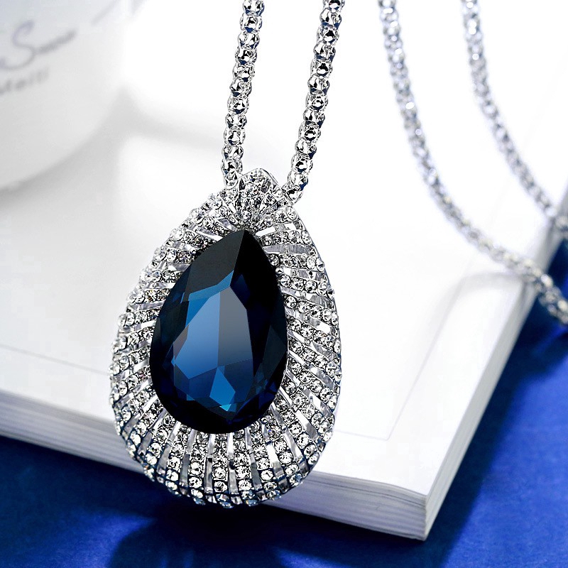 Vòng cổ Etrendy dáng dài mặt hình giọt nước đính đá pha lê xanh phong cách cổ điển thời trang mới cho nữ