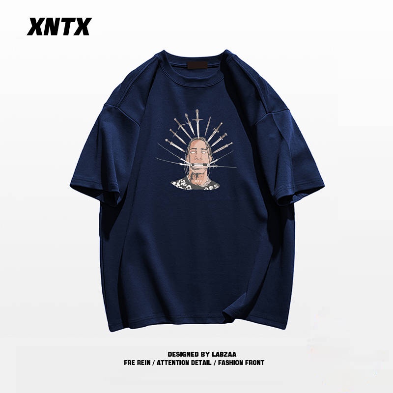 Áo thun cotton dáng rộng tay ngắn họa tiết chữ phong cách hiphop Mỹ thời trang dành cho nam V5ns