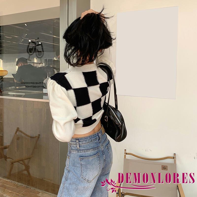 Áo croptop chui đầu tay dài cổ tròn họa tiết kẻ sọc caro thời trang cho nữ