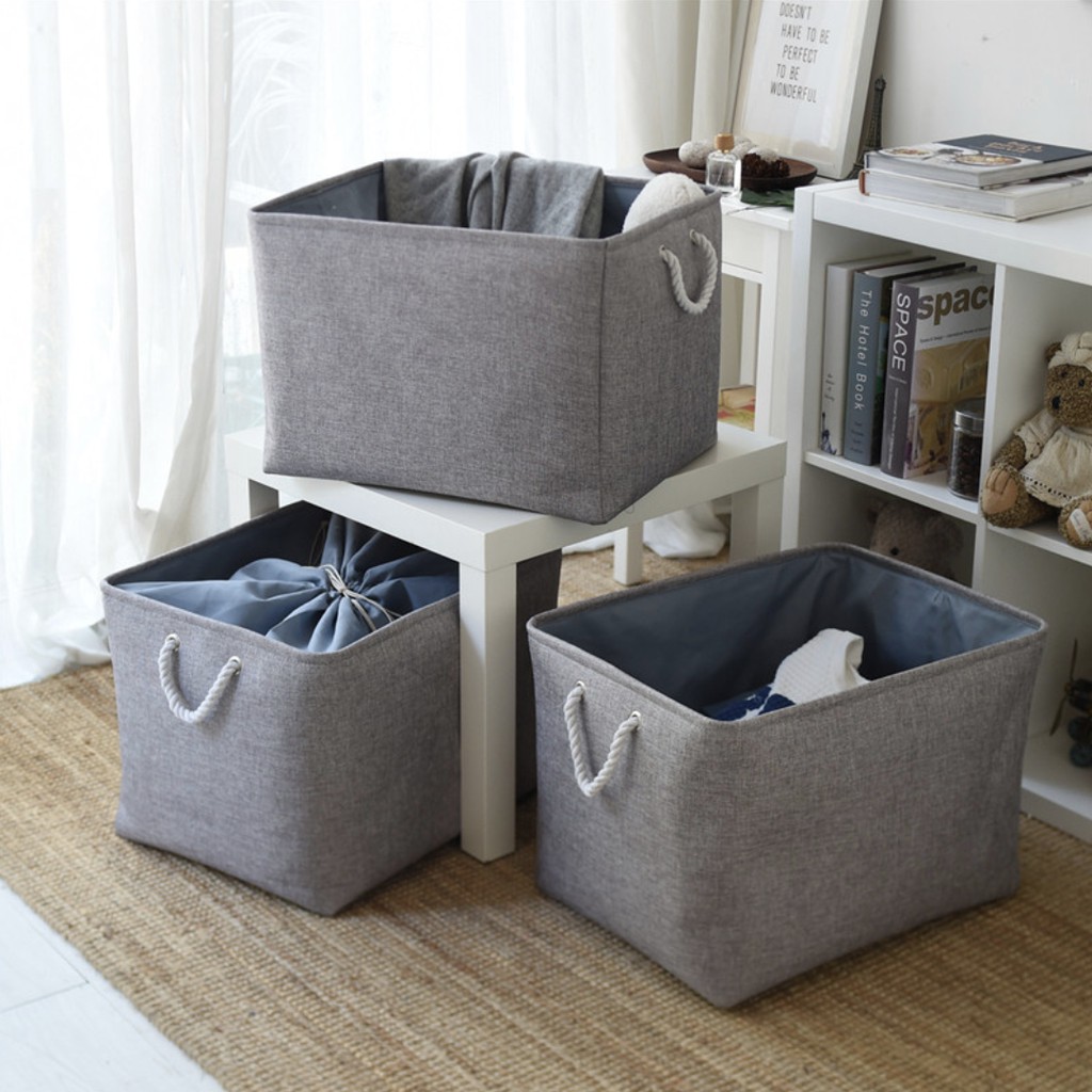Giỏ đựng đồ 2 lớp vải cotton linen dày có dây rút size lớn