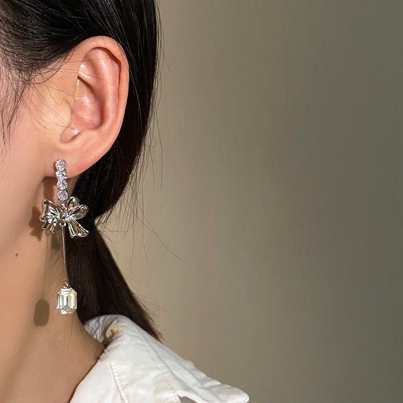 Ahellogirl Bông Tai Mạ Bạc 925 Hình Nơ Đính Đá Zircon Phong Cách Hàn Quốc Đơn Giản Thời Trang