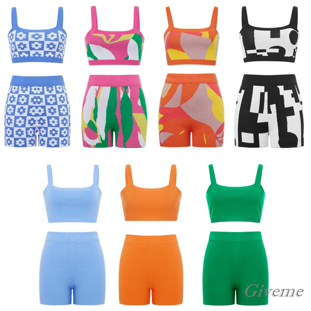 Bộ Áo Croptop Dệt Kim Hai Dây In Họa Tiết Phối Quần Short Co Giãn Thời Trang Cho Nữ