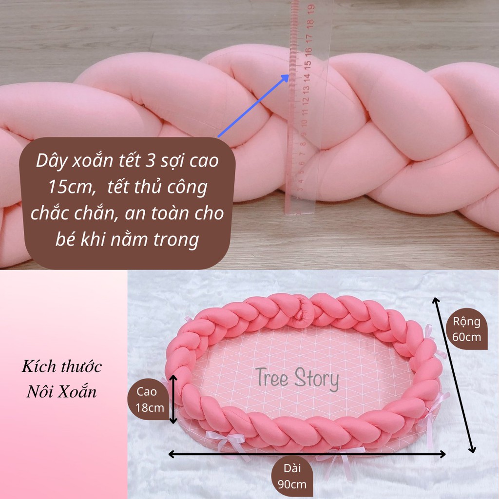 Combo nôi xoắn, gối chặn và gối mây thêu tên cho bé Tree Story
