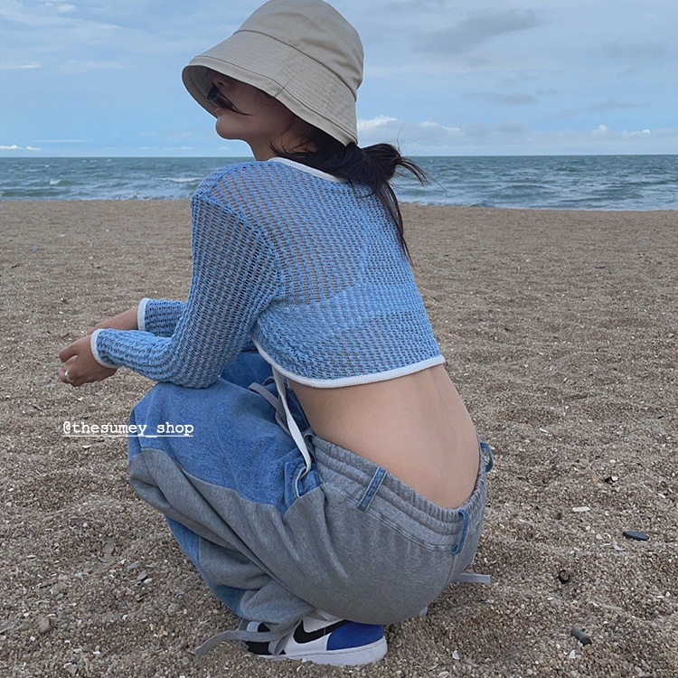 Áo croptop SUXI tay dài màu sắc trơn thiết kế đơn giản phong cách Hàn Quốc