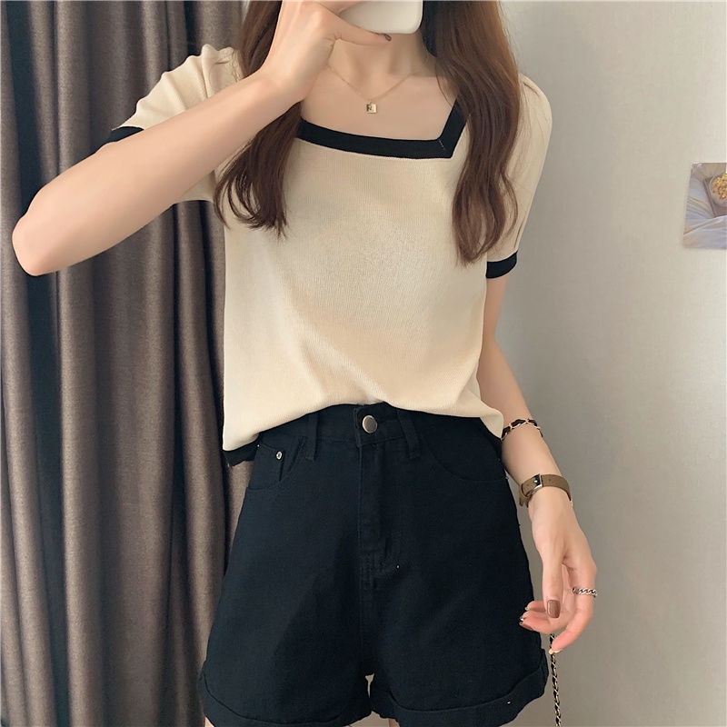 COZOK Áo Thun Tay Ngắn Cổ Vuông Dáng Ôm Màu Sắc Tương Phản Phong Cách Hàn Quốc Thời Trang