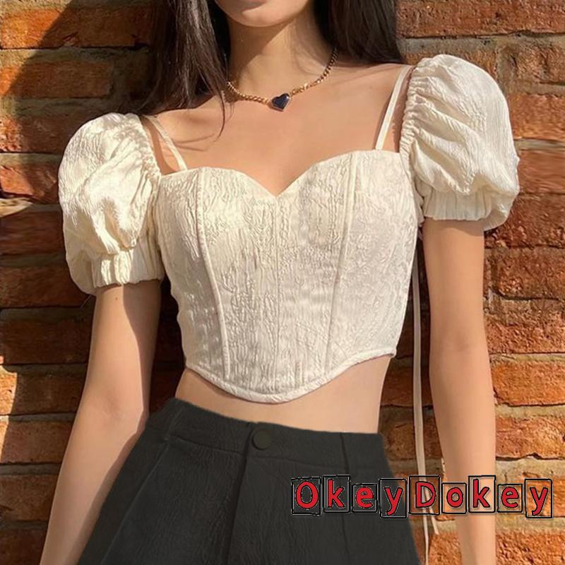 Odokey-áo Croptop Tay Phồng Ngắn Cổ Buộc Dây Kiểu Cách Cho Nữ Trẻ Trung