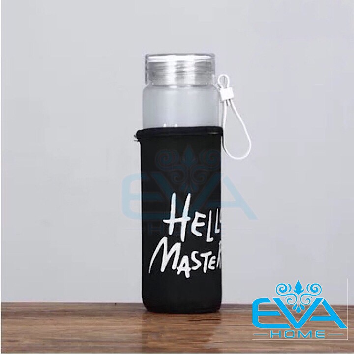 Bình Nước Thủy Tinh Có Võ Bọc Vải Neoprene In Chữ Hello Master 480ML Kèm dây xách