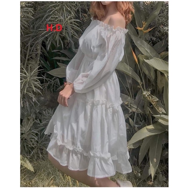 [ẢNH THẬT] Váy trễ vai hoặc cổ vuông đầm tiểu thư dự tiệc trắng basic Váy chun tay 2 lớp lót  dáng xoè 3 tầng vintage | BigBuy360 - bigbuy360.vn