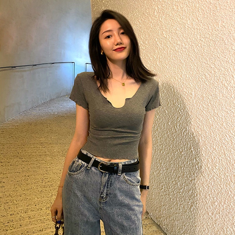 Áo Thun Nữ crop top Cổ Chữ V Tay Ngắn Dáng Ôm Phong Cách Hàn Quốc Thời Trang Cho Áo phông Nữ NZ-TX-07