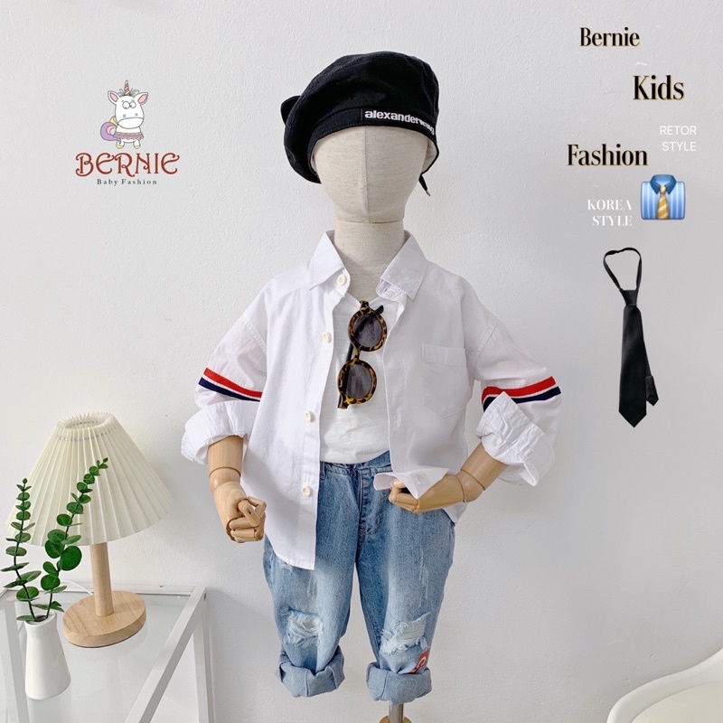 Áo sơ mi trắng kèm cavat kẻ tay bé trai