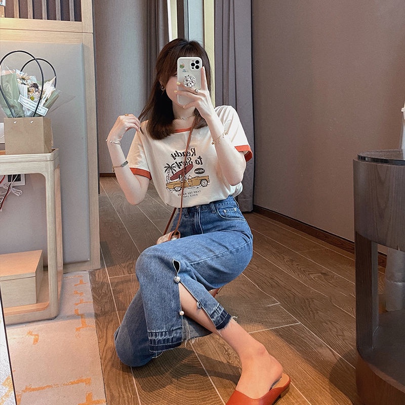 Heavy industry pearl jeans women spring/summer 2021 new Korean version slim versatile high waist slit micro-La nine-poin