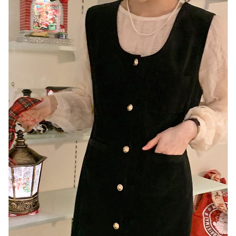 Set áo sơ mi cổ tròn dài tay và chân váy phong cách retro 48042