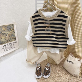 Áo sweater cổ tròn không tay mặc chui đầu họa tiết kẻ sọc phong cách Hàn Quốc dễ phối đồ thời trang cho trẻ em