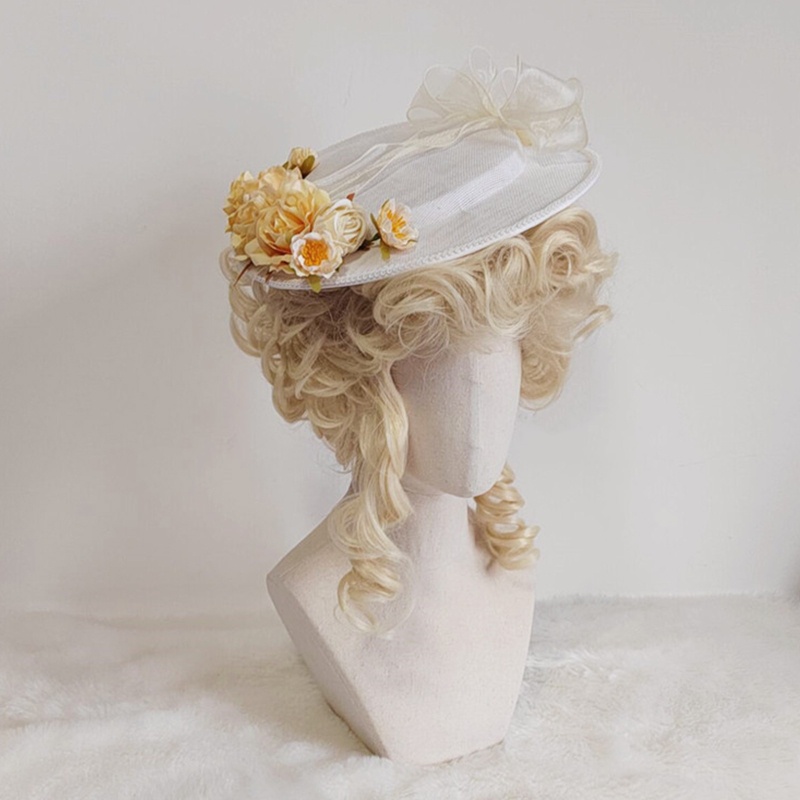 Nón Phẳng Đính Hoa Màu Vàng Nhạt Tinh Tế Phong Cách Lolita Thời Trang Đi Tiệc Trà Chiều