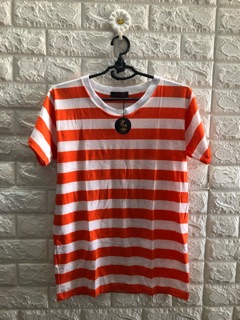 Áo thun unisex kẻ cọc cam