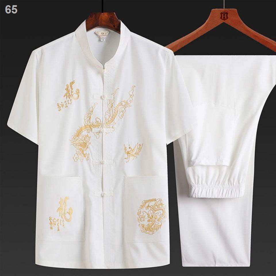 Tang suit nam mùa hè băng lụa ngắn tay quần áo giới cao tuổi Trang phục cha Hanfu trọn bộ dân tộcO