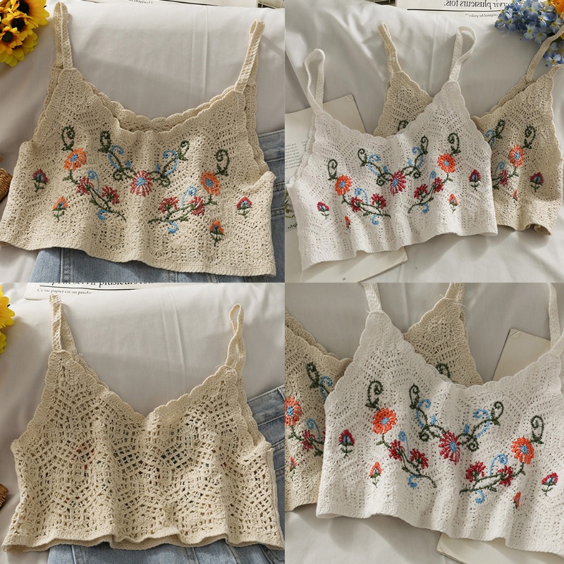 Áo Croptop Dệt Kim Hai Dây Mảnh Cổ Chữ V Thêu Hoa Phong Cách Boho Thời Trang Đi Biển Mùa Hè Cho Nữ
