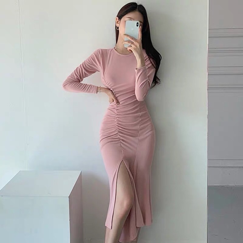 Váy body dài tay đuôi cá xẻ trước sang chảnh