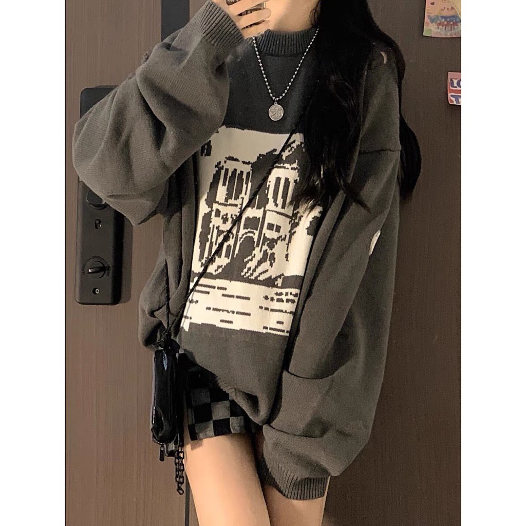 Áo nỉ sweater unisex dài tay nam nữ in họa tiết,  màu xám đen SW3 | BigBuy360 - bigbuy360.vn