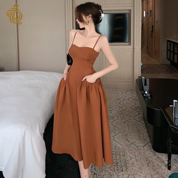 French style sexy collarbone sling dress women's graceful waist-tight figure-showing Midi A- Line dress