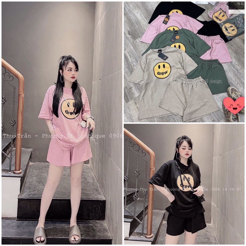 Set bộ thể thao mặt cười chữ drew vải thun mịn