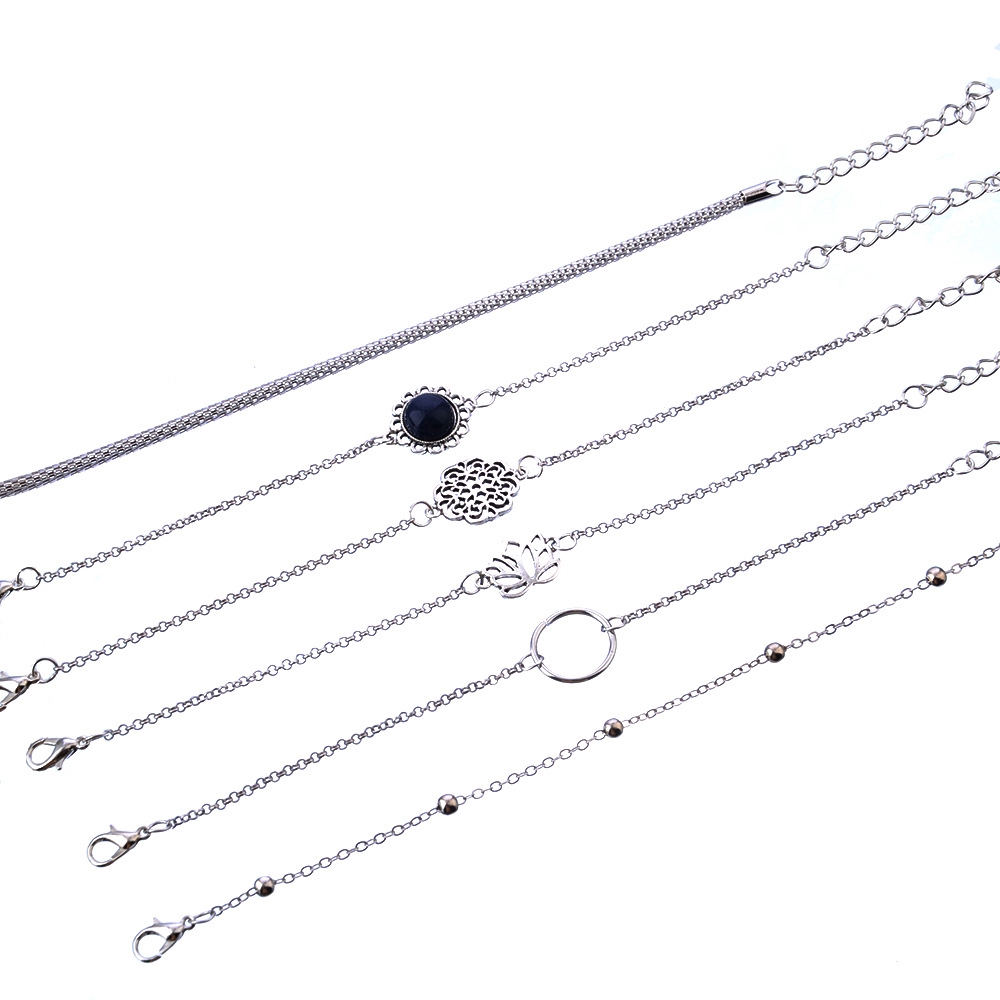 Set 6 vòng tay nhiều lớp mặt hình tròn/hoa sen kết hạt đính đá khoét rỗng thời trang dành cho nữ