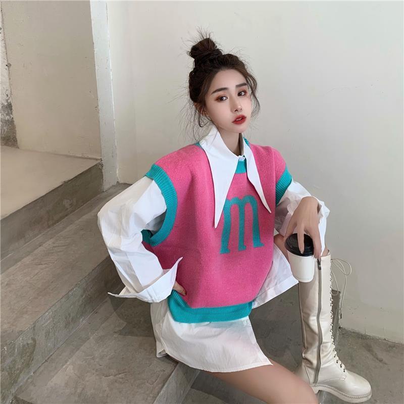 Set áo sơ mi dài tay cổ búp bê + áo len không tay hợp thời trang cho nữ (có bán lẻ)