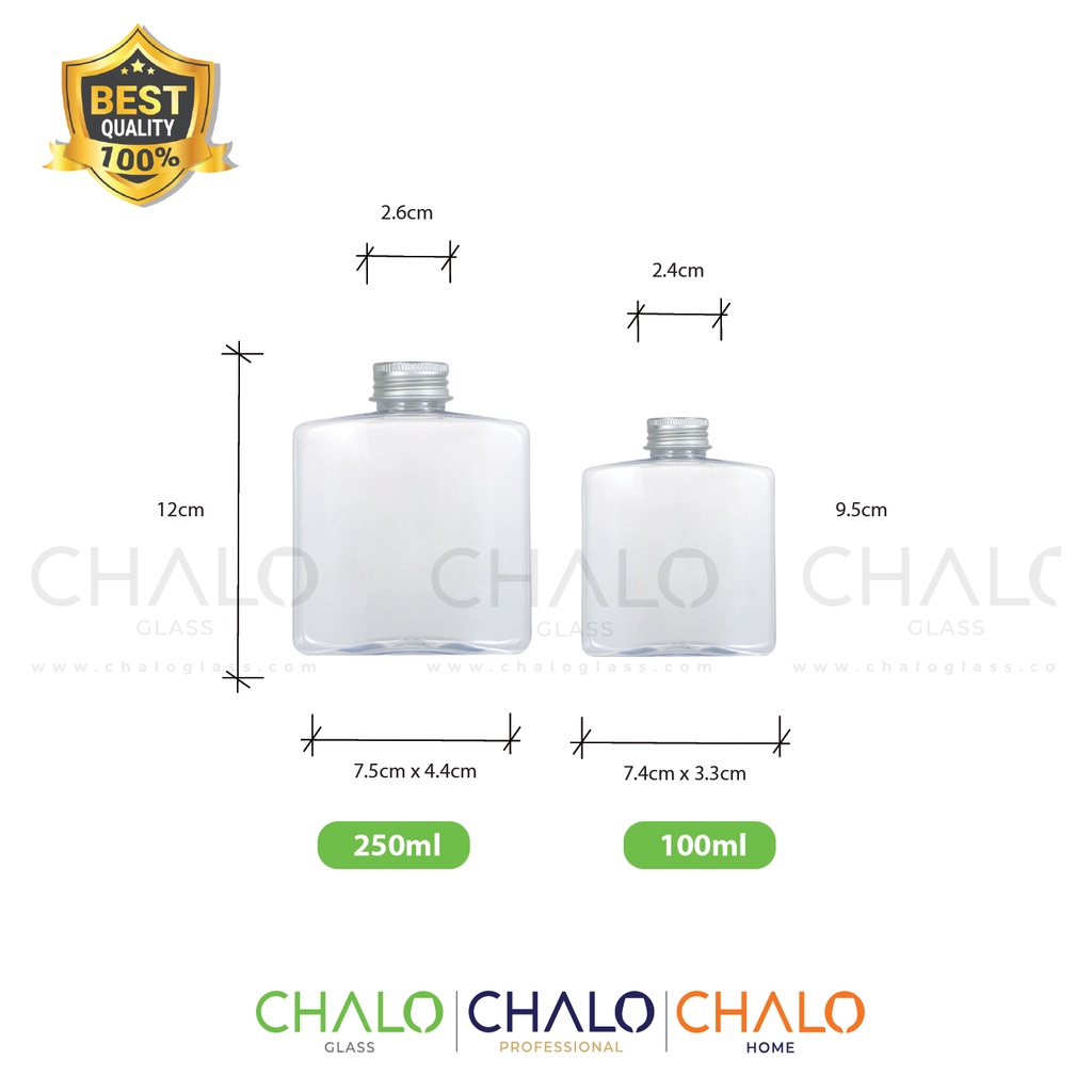 Chai thủy tinh thân dẹt dáng vuông nắp nhôm 250ml (Combo 03 chai trơn, không in hình) - CVD250