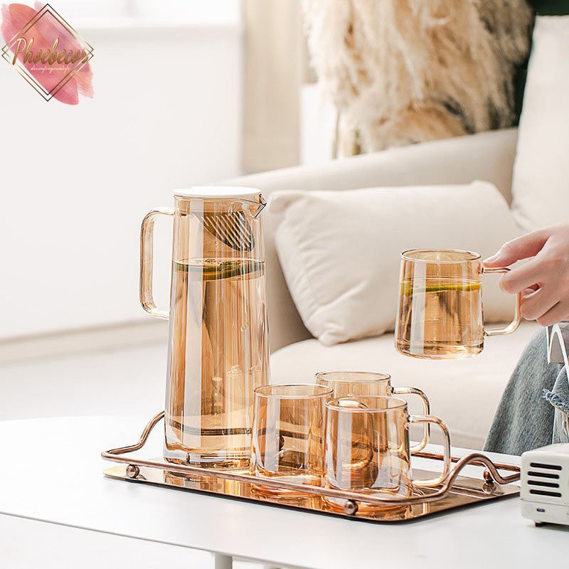 (XẢ KHO) Bộ bình nước chịu nhiệt đế tròn rộng kèm khay cao cấp - PB502