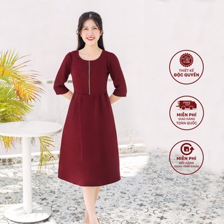 Đầm xòe trung niên cao cấp thiết kế công sở cổ tròn tay ngắn TTV745 màu đỏ mận