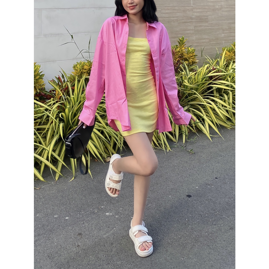 DOTTIE - Áo sơ mi căn bản form rộng nữ hồng neon T0386