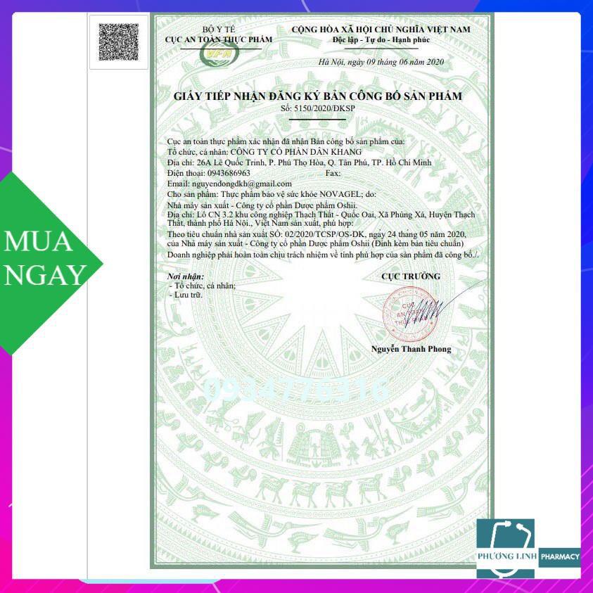 Sản Phẩm Novagel Novasol Curcumin hỗ trợ giảm acid dịch vị và bảo vệ niêm mạc dạ dày, hộp 20 gói