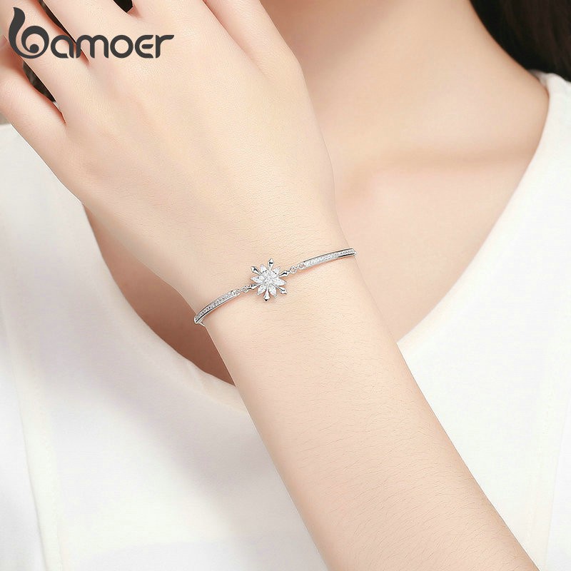 Vòng đeo tay BAMOER kích thước điều chỉnh được mặt hình bông tuyết đính đá zircon nhân tạo thời trang