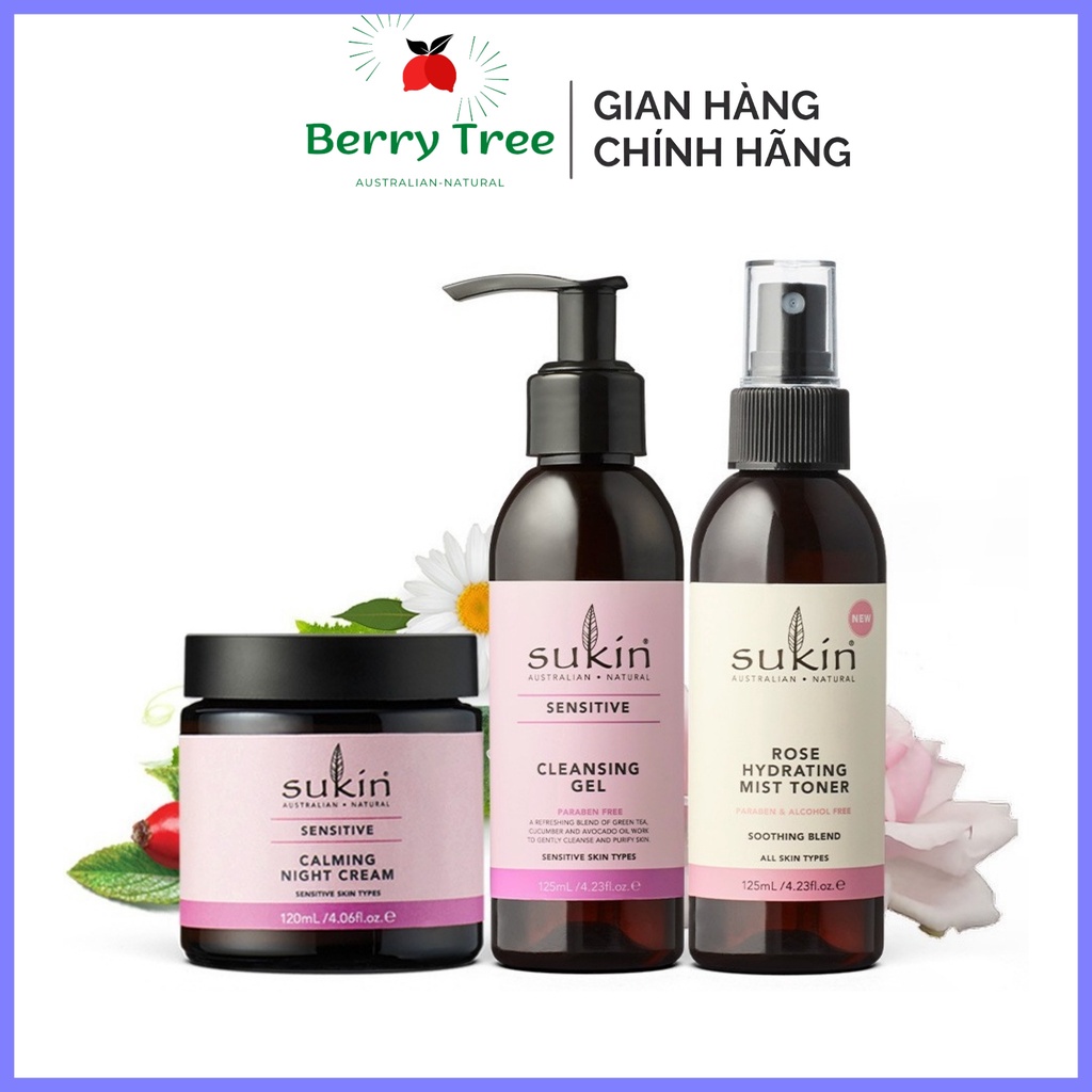 Combo Sukin Chăm Sóc Da Nhạy Cảm Gel Rửa Mặt 125ml +Nước Hoa Hồng Phun Sương 125ml + Kem Dưỡng Ẩm Đêm 120ml (BR)