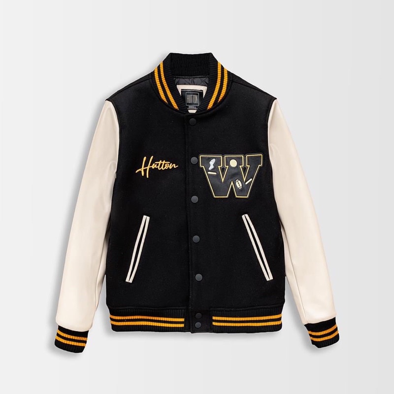 Áo Varsity Jacket Dạ Đen Phối Tay Da Bomber Thêu W HUTTON Chất liệu dạ cao cấp